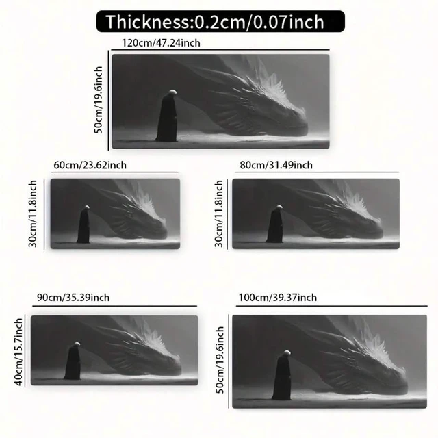 Alt view image 4 of 7 - Bks Large E-Sports Gaming Mouse Pad Black White Dragon Art Non-Slip Rubber Back Washable Polyester
