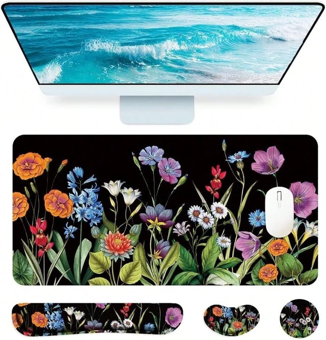 Main image of Bks 4-Piece Ergonomic Keyboard Mouse Pad Set with Wrist Rests and Cup Coaster for Home Office Gaming Desk