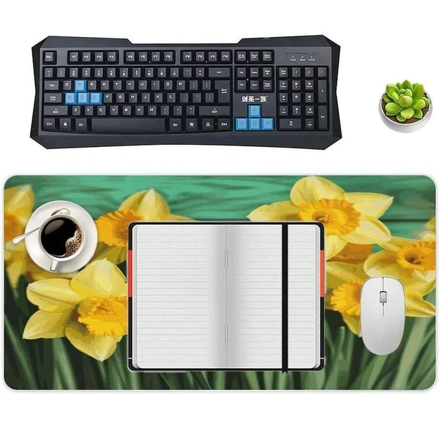 Alt view image 5 of 7 - Bks Yellow Daffodils Flowers Desk Mat Large Mouse Pad Non-Slip Waterproof Rubber Base for Computer Keyboard Home Office Accessories 24x12in