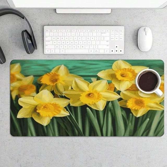 Alt view image 6 of 7 - Bks Yellow Daffodils Flowers Desk Mat Large Mouse Pad Non-Slip Waterproof Rubber Base for Computer Keyboard Home Office Accessories 24x12in