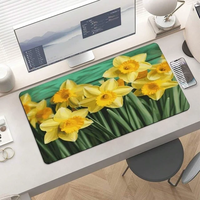 Alt view image 7 of 7 - Bks Yellow Daffodils Flowers Desk Mat Large Mouse Pad Non-Slip Waterproof Rubber Base for Computer Keyboard Home Office Accessories 24x12in