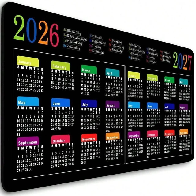 Main image of Bks Large Gaming Mouse Pad 2026-2027 Calendar With Holidays Modern Black Business Mousepad For Desktop Work Game Office