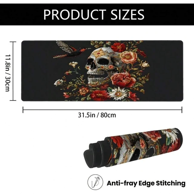 Alt view image 4 of 7 - Bks Large Gaming Mouse Pad Abstract Skulls Roses Non-Slip Rubber Base Keyboard Mat With Stitched Edges For Office Home Desk Protector 31.5x11.8 Inch