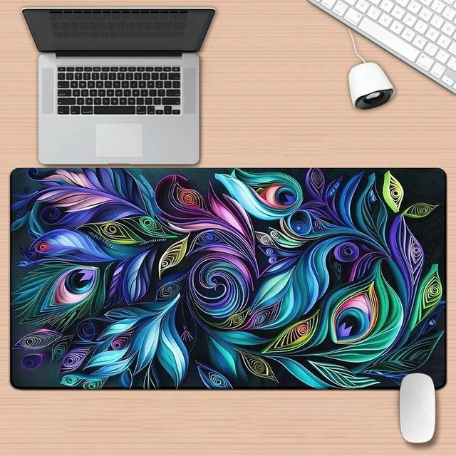 Alt view image 2 of 2 - Bks Large Gaming Mouse Pad XXL Desk Mat Anti-Slip Rubber Base Peacock Feather Design Blue Purple Green Cyan Pink Black White Golden