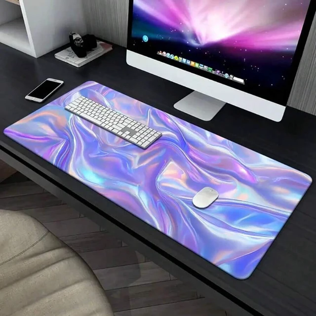 Alt view image 4 of 7 - Bks Extra Large Desk Pad With Iridescent Purple Pink Blue Green Golden Marble Design - Non-Slip Rubber Base, Waterproof Surface, Washable Gaming & Office Desk Mat, Multi-Functional Keyboard & Mouse Pa