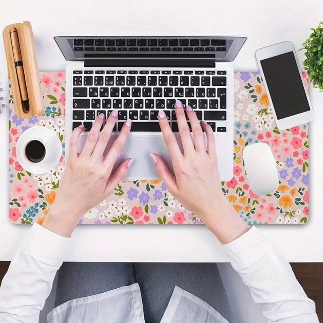 Alt view image 2 of 6 - Bks 60cm*35cm*3mm Large Floral Gaming Mouse Pad & Keyboard Mat - Non-Slip Rubber Base, Stitched Edges, Smooth Surface With Pink Orange Blue Purple Flowers Design