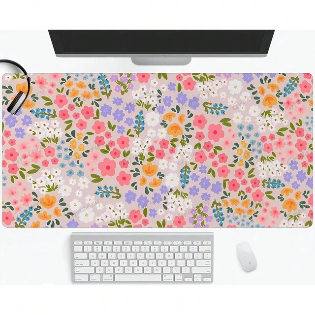 Alt view image 3 of 6 - Bks 60cm*35cm*3mm Large Floral Gaming Mouse Pad & Keyboard Mat - Non-Slip Rubber Base, Stitched Edges, Smooth Surface With Pink Orange Blue Purple Flowers Design