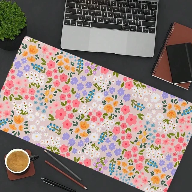 Alt view image 4 of 6 - Bks 60cm*35cm*3mm Large Floral Gaming Mouse Pad & Keyboard Mat - Non-Slip Rubber Base, Stitched Edges, Smooth Surface With Pink Orange Blue Purple Flowers Design