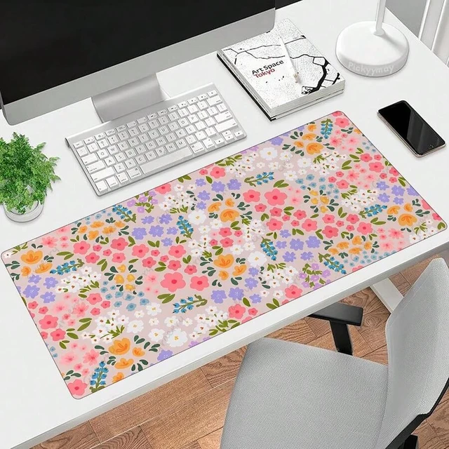 Alt view image 5 of 6 - Bks 60cm*35cm*3mm Large Floral Gaming Mouse Pad & Keyboard Mat - Non-Slip Rubber Base, Stitched Edges, Smooth Surface With Pink Orange Blue Purple Flowers Design