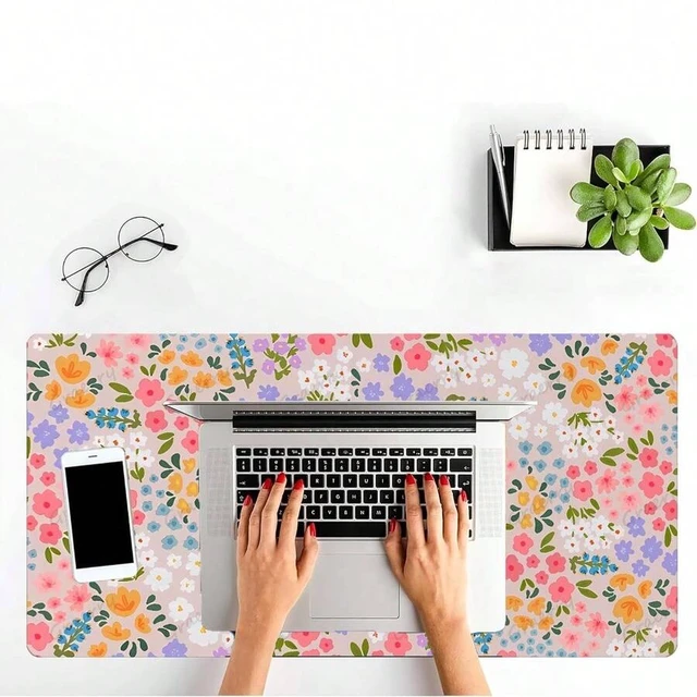 Alt view image 6 of 6 - Bks 60cm*35cm*3mm Large Floral Gaming Mouse Pad & Keyboard Mat - Non-Slip Rubber Base, Stitched Edges, Smooth Surface With Pink Orange Blue Purple Flowers Design