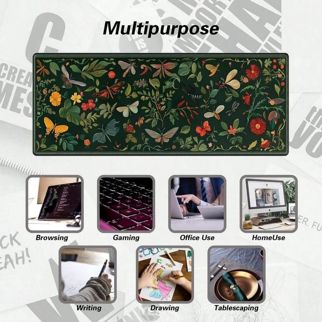 Alt view image 5 of 5 - Bks Extended Gaming Mouse Pad 35.4x15.7 Inch Large Non-Slip Rubber Base Stitched Edges Keyboard Mouse Mat For Work Game Office Home Green Insect Design