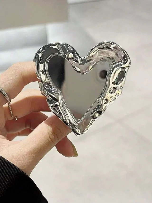 Main image of Bks Heart Shaped Mirror Airbag Phone Stand Silver Desktop Holder Telescopic Push Pull Design Selfie Video Tool No Trace Sticker