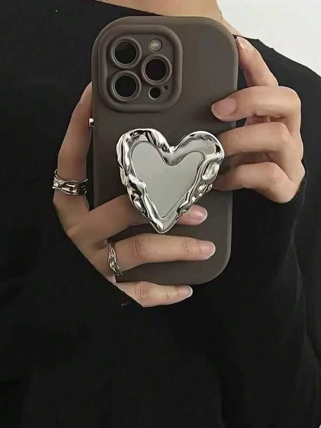 Alt view image 3 of 7 - Bks Heart Shaped Mirror Airbag Phone Stand Silver Desktop Holder Telescopic Push Pull Design Selfie Video Tool No Trace Sticker
