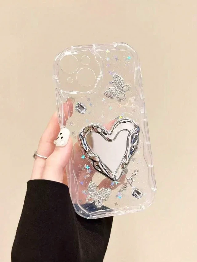 Alt view image 5 of 7 - Bks Heart Shaped Mirror Airbag Phone Stand Silver Desktop Holder Telescopic Push Pull Design Selfie Video Tool No Trace Sticker
