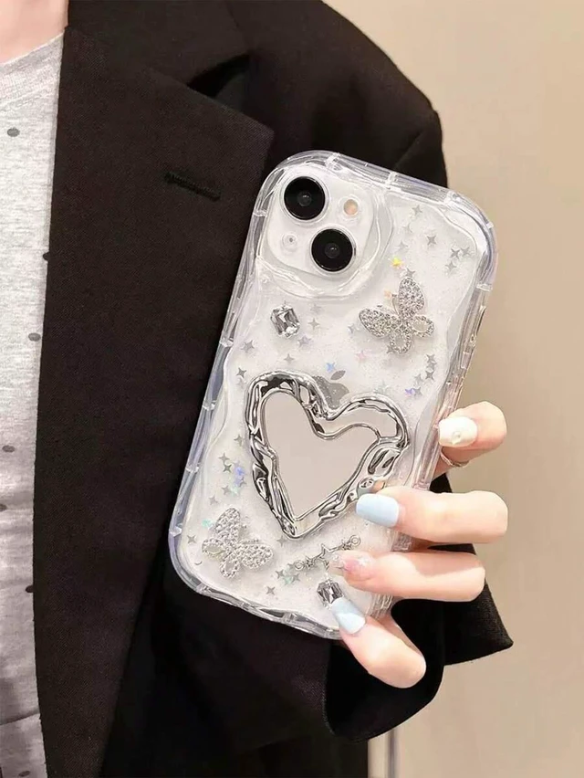 Alt view image 7 of 7 - Bks Heart Shaped Mirror Airbag Phone Stand Silver Desktop Holder Telescopic Push Pull Design Selfie Video Tool No Trace Sticker