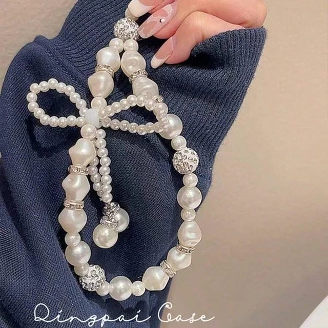 Alt view image 2 of 5 - Bks French Luxury Asymmetric Pearl Phone Lanyard Baroque Rhinestone Silver Ball Charms Hand-Woven 3D Bow Elegant Vintage Socialite Style Durable Accessory For Phones Handbags Keys