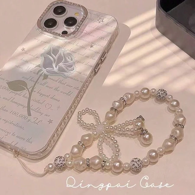 Alt view image 4 of 5 - Bks French Luxury Asymmetric Pearl Phone Lanyard Baroque Rhinestone Silver Ball Charms Hand-Woven 3D Bow Elegant Vintage Socialite Style Durable Accessory For Phones Handbags Keys