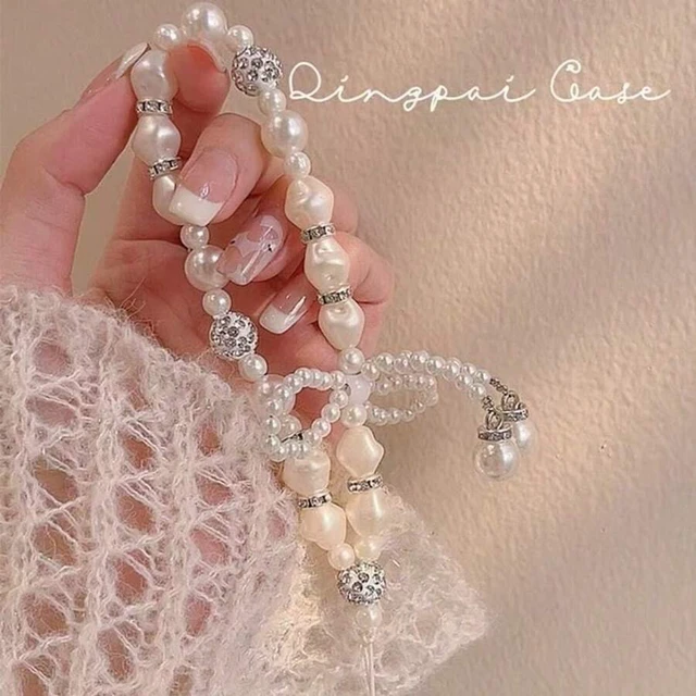 Alt view image 5 of 5 - Bks French Luxury Asymmetric Pearl Phone Lanyard Baroque Rhinestone Silver Ball Charms Hand-Woven 3D Bow Elegant Vintage Socialite Style Durable Accessory For Phones Handbags Keys