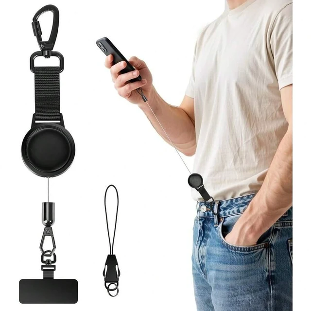 Alt view image 2 of 7 - Bks Black Alloy Anti-Theft Phone Tether Retractable Steel Line Lanyard With Locking Carabiner For Outdoor Hiking Skiing Climbing