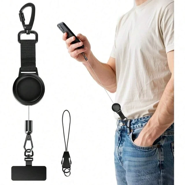 Main image of Bks Black Alloy Anti-Theft Phone Tether Retractable Steel Line With Locking Carabiner And Metal 360° Tab For Outdoor Skiing Hiking Climbing Fishing