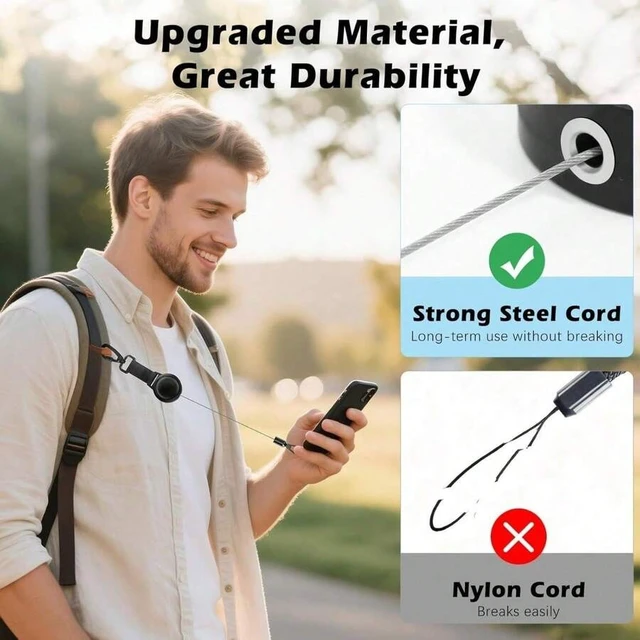 Alt view image 3 of 7 - Bks Black Alloy Anti-Theft Phone Tether Retractable Steel Line With Locking Carabiner And Metal 360° Tab For Outdoor Skiing Hiking Climbing Fishing