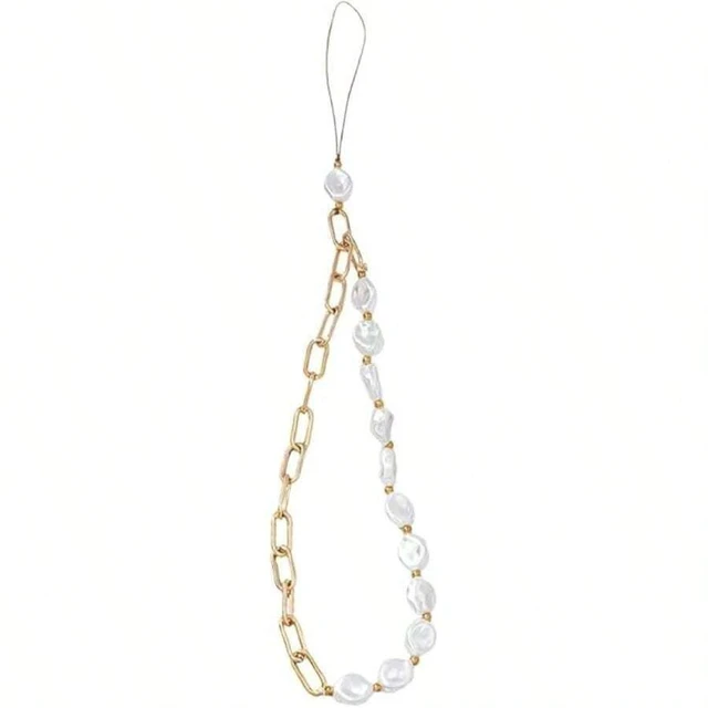 Alt view image 2 of 7 - Bks Gold Metal Chain Phone Lanyard with Faux Pearl Beads Universal Anti-Loss Wrist Strap Keychain Decor