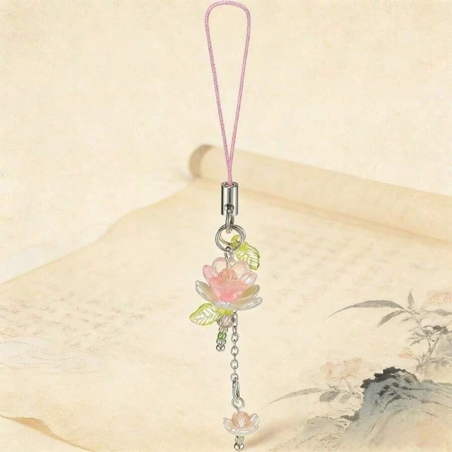 Alt view image 6 of 7 - Bks Pink Flower Mobile Phone Lanyard, Cute Beaded Lotus Keychain Bag Pendant Gift for Women