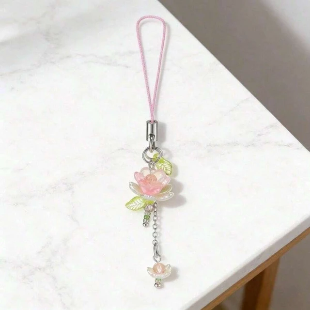 Alt view image 7 of 7 - Bks Pink Flower Mobile Phone Lanyard, Cute Beaded Lotus Keychain Bag Pendant Gift for Women