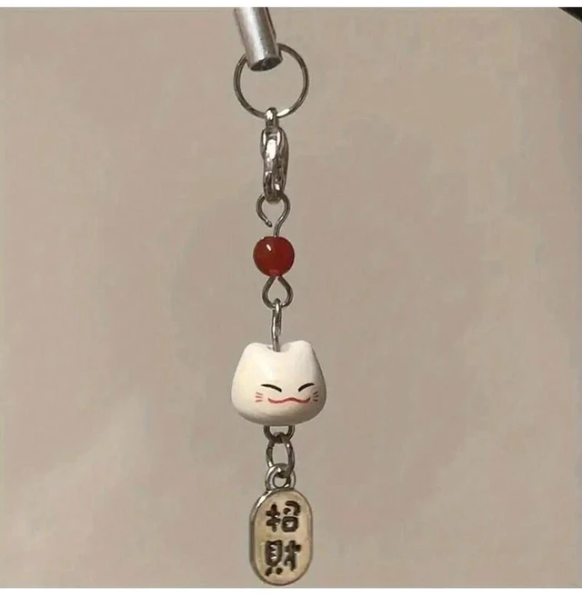 Main image of Bks Maneki Neko Lucky Cat Phone Charm With Red Bead - Traditional Feng Shui Lanyard Pendant Gift For Mother Family Friends Birthday Holiday