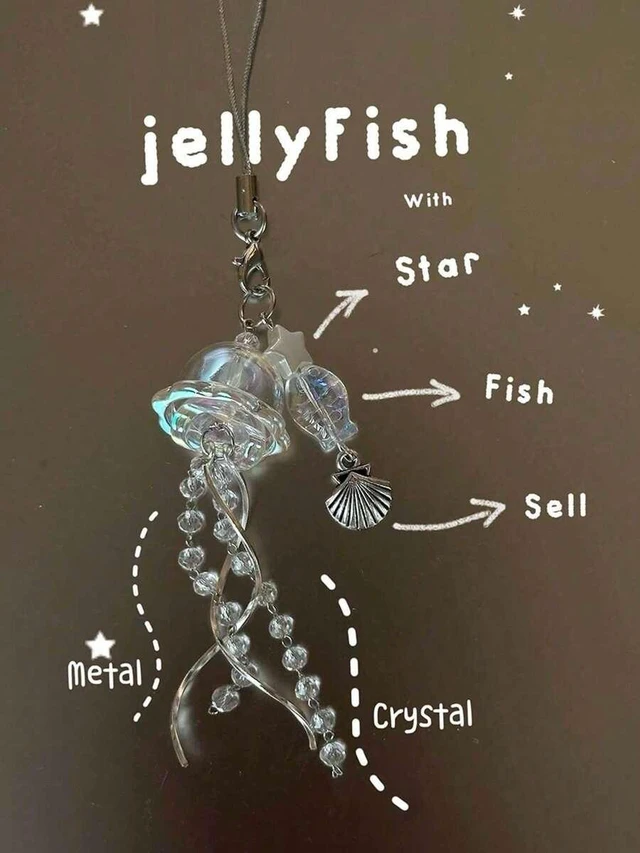 Main image of Bks Crystal Clear Jellyfish Phone Chain Keychain Curved Metal Pendant Bag Lanyard for Mobile Devices