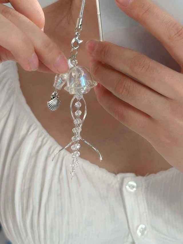Alt view image 3 of 5 - Bks Crystal Clear Jellyfish Phone Chain Keychain Curved Metal Pendant Bag Lanyard for Mobile Devices