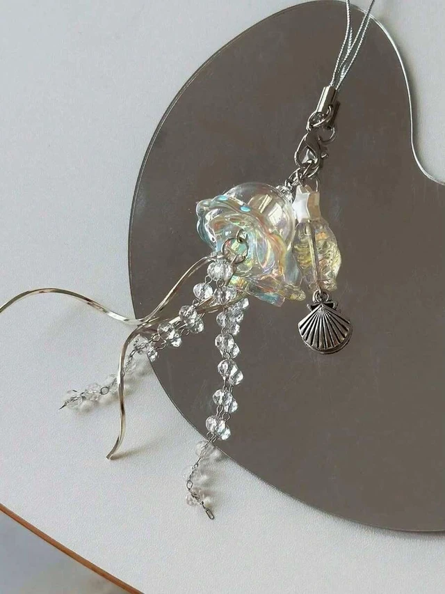 Alt view image 4 of 5 - Bks Crystal Clear Jellyfish Phone Chain Keychain Curved Metal Pendant Bag Lanyard for Mobile Devices