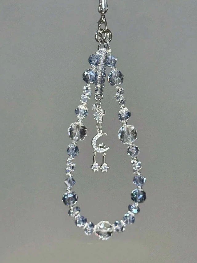 Alt view image 3 of 6 - Bks Blue Crystal Beaded Phone Lanyard with Moon Star Charm Sparkling Summer Candy Style Chain for Mobile Devices
