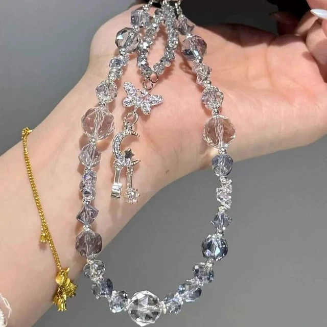 Alt view image 5 of 6 - Bks Blue Crystal Beaded Phone Lanyard with Moon Star Charm Sparkling Summer Candy Style Chain for Mobile Devices