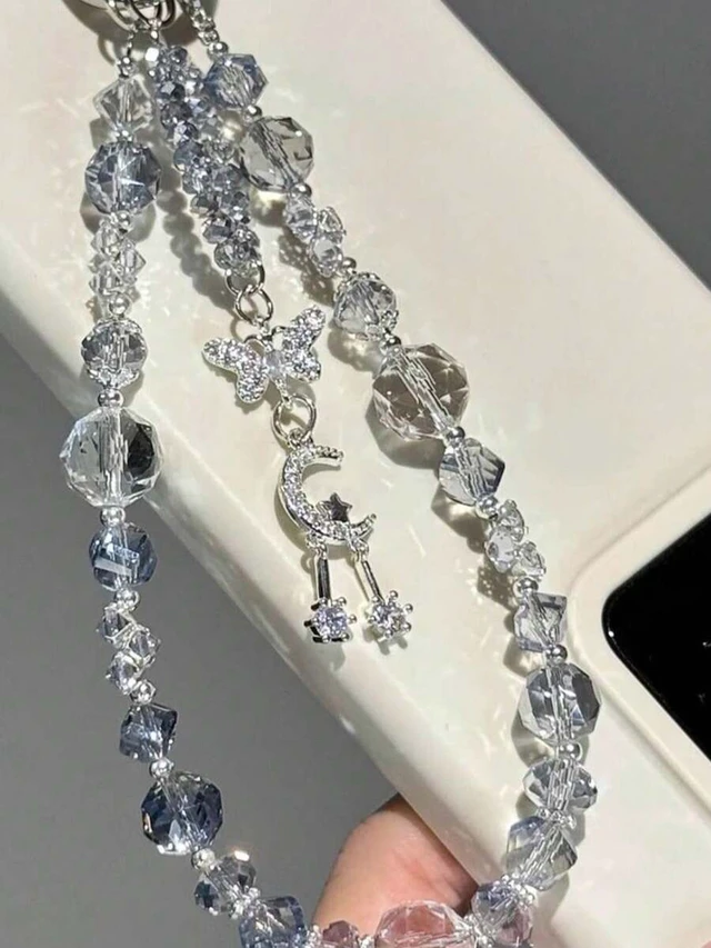 Alt view image 2 of 6 - Bks Blue Crystal Beaded Phone Lanyard with Moon Star Charm Sparkling Summer Candy Style Chain for Mobile Devices