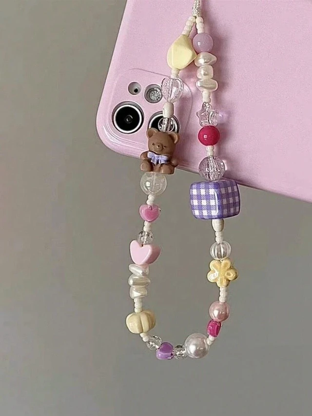 Main image of Bks Bear Shaped Beaded Phone Strap Cute Y2K Grid Design Lanyard for Teenage Girls Mobile Unique