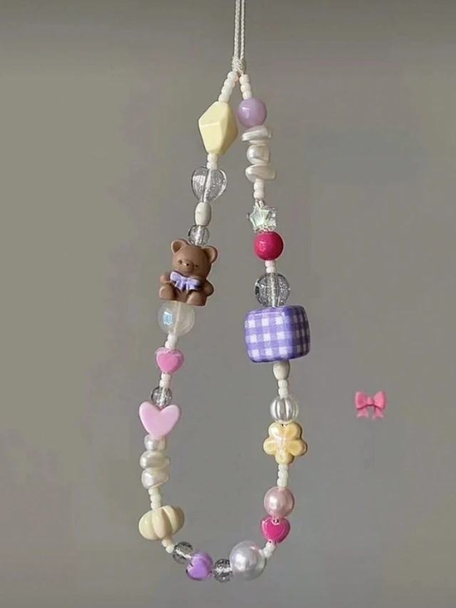 Alt view image 3 of 3 - Bks Bear Shaped Beaded Phone Strap Cute Y2K Grid Design Lanyard for Teenage Girls Mobile Unique