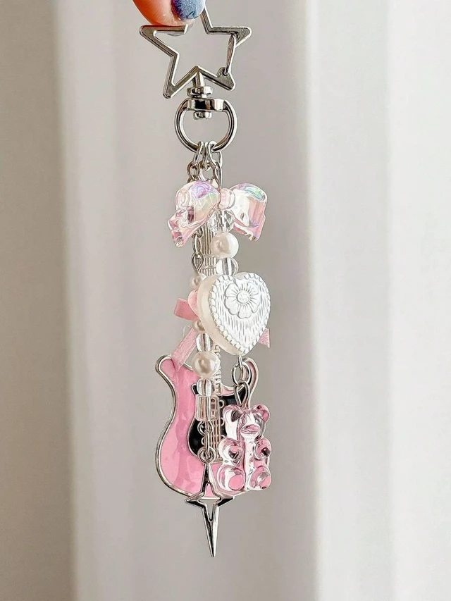 Main image of Bks Pink Violin Beaded Phone Lanyard Keychain Pendant With Gummy Bear Star Decor Metal Clip For Bag Car Keys Millennium Style