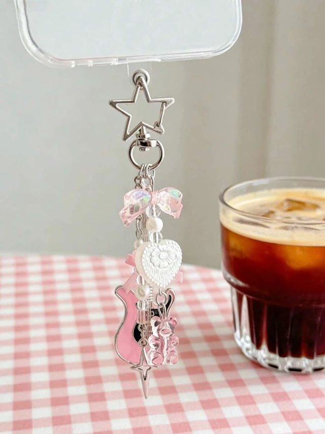Alt view image 3 of 7 - Bks Pink Violin Beaded Phone Lanyard Keychain Pendant With Gummy Bear Star Decor Metal Clip For Bag Car Keys Millennium Style