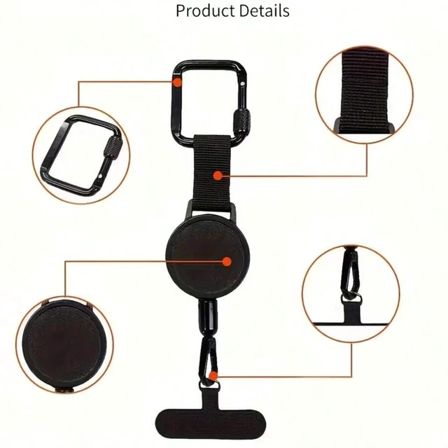 Alt view image 2 of 4 - Bks Retractable Black Phone Lanyard Strap With Carabiner Clip - Secure Adjustable Anti-Loss Phone Chain For Android Smartphone, Travel Work Hiking Summer Outdoor Activities Gift
