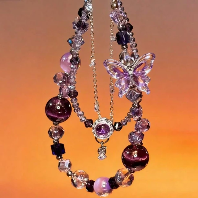 Alt view image 2 of 4 - Bks Beaded Butterfly Phone Lanyard & Charm Set - Purple Crystal Beads Detachable Strap For iPhone Android Multi-Functional Bag Keychain