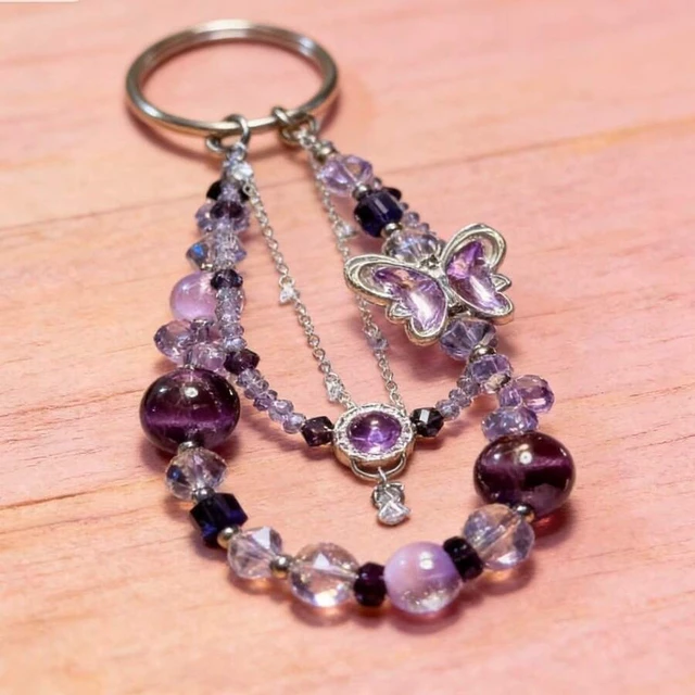 Alt view image 3 of 4 - Bks Beaded Butterfly Phone Lanyard & Charm Set - Purple Crystal Beads Detachable Strap For iPhone Android Multi-Functional Bag Keychain