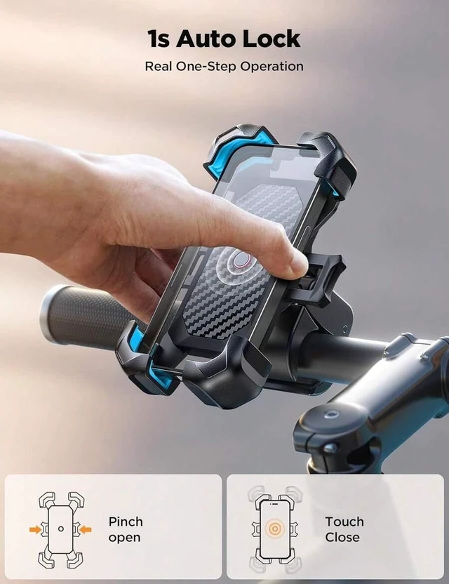 Alt view image 3 of 7 - Bks Motorcycle Phone Mount 1s Auto Lock Anti-Shake 360° Rotation Quick Install Handlebar Holder for iPhone Android