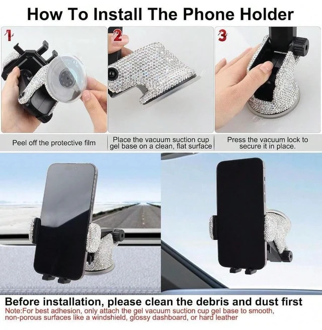 Alt view image 4 of 7 - Bks Shiny Crystal Rhinestone Car Phone Mount Holder Stand For Women Girls Windshield Dashboard Compatible With Most Cellphones White