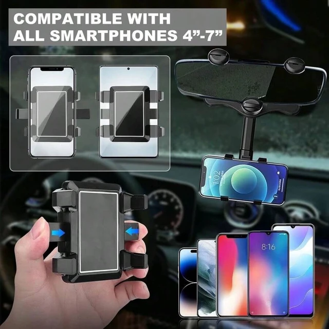 Alt view image 6 of 7 - Bks Rear View Mirror Phone Holder, 360 Rotatable Retractable Universal Mount for All Smartphones iPhone Android Car Accessories