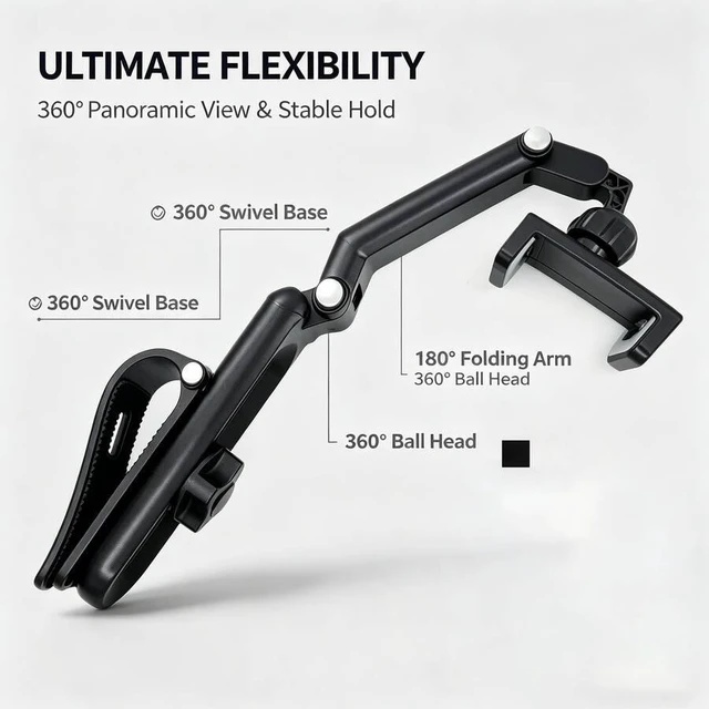Main image of Bks Car Phone Holder Mount, 360° Rotatable & Foldable Clip, Multi-Axis Adjustable Stand With Non-Slip Grip, Universal Dashboard Cell Phone Stand