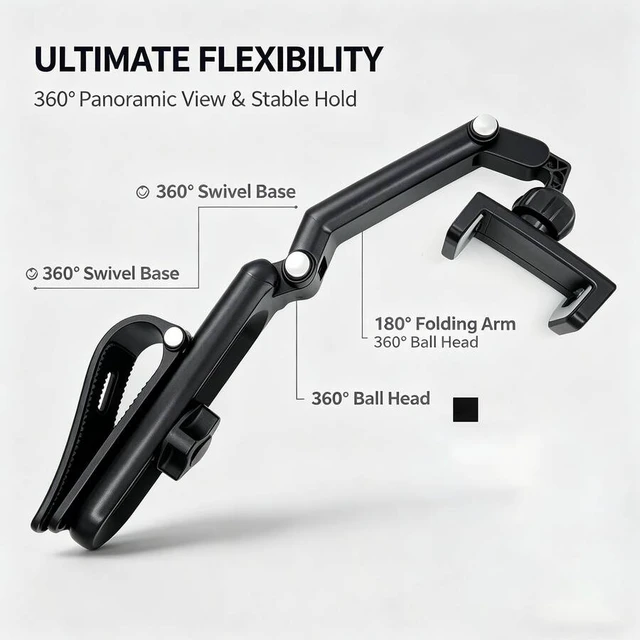 Alt view image 2 of 6 - Bks Car Phone Holder Mount, 360° Rotatable & Foldable Clip, Multi-Axis Adjustable Stand With Non-Slip Grip, Universal Dashboard Cell Phone Stand