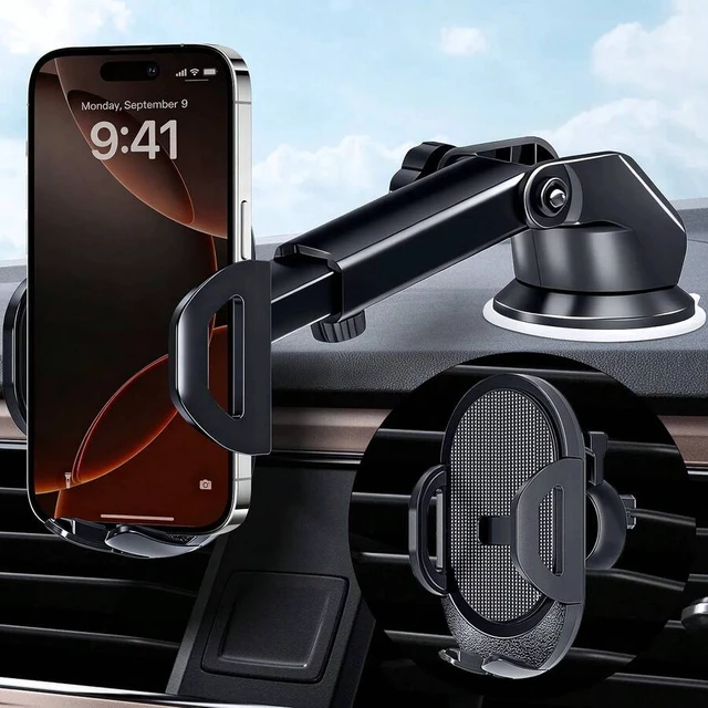 Alt view image 2 of 7 - Bks Universal Car Phone Holder Dashboard Windshield Vent Mount Adjustable Angles Carbon Fiber Black for iPhone Android