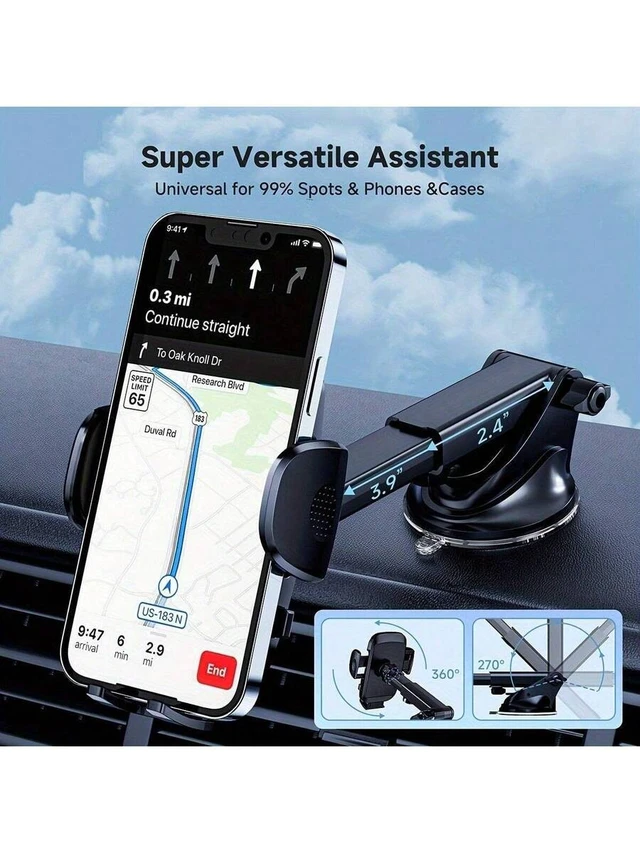 Alt view image 3 of 7 - Bks 360 Degree Universal Car Phone Mount Holder, Strong Suction Cup Windshield Vent Dashboard Stand Compatible With iPhone Android Smartphones GPS Navigation