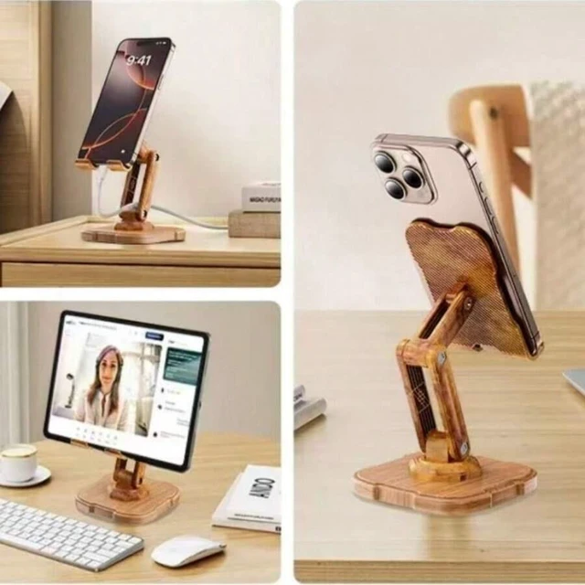 Alt view image 4 of 7 - Bks 360 Rotating Phone Stand Adjustable Height Heavy-Duty Carbon Steel Wood Desktop Holder for Laptops Tablets Phones Cameras